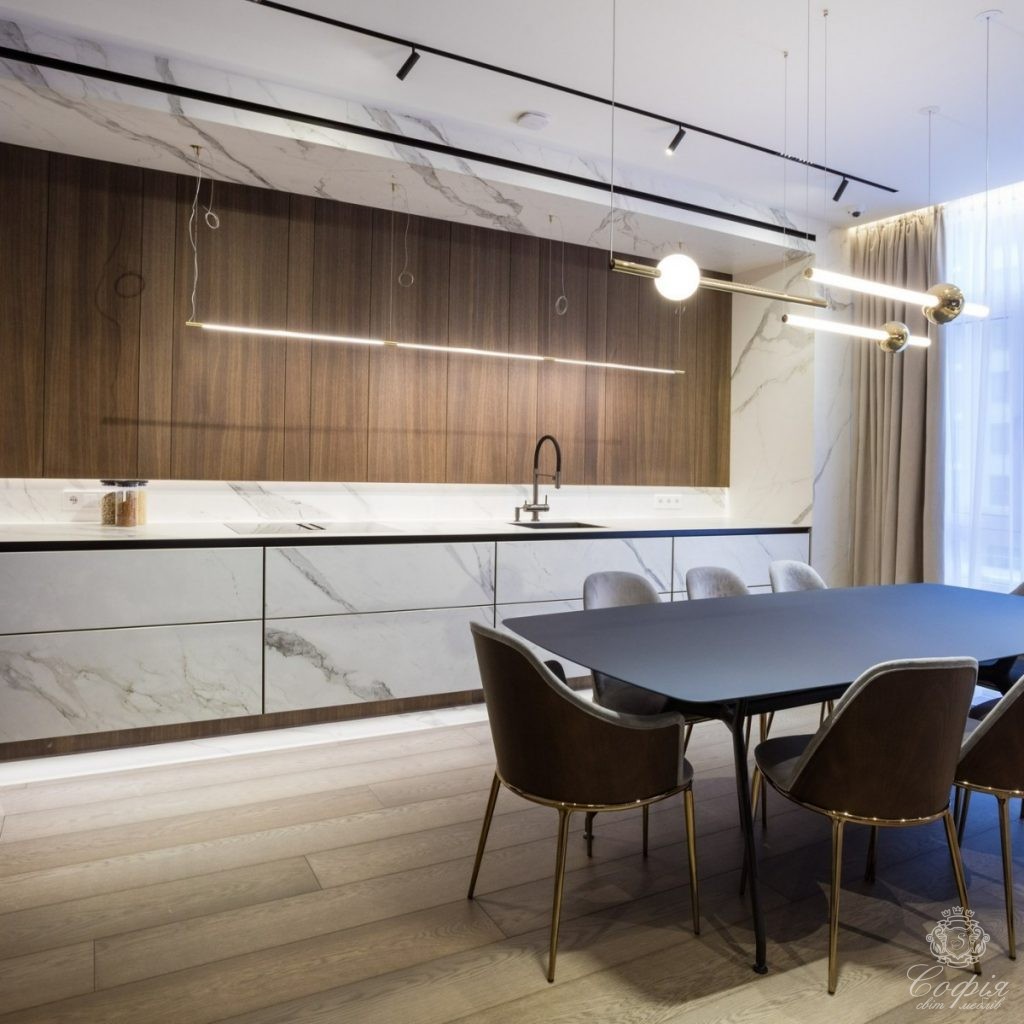 Кухня #6 без ручок з підсвіткою у мраморних тонах Фото Кухня #6 без ручок з підсвіткою у мраморних тонах - Світ меблів СОФІЯ