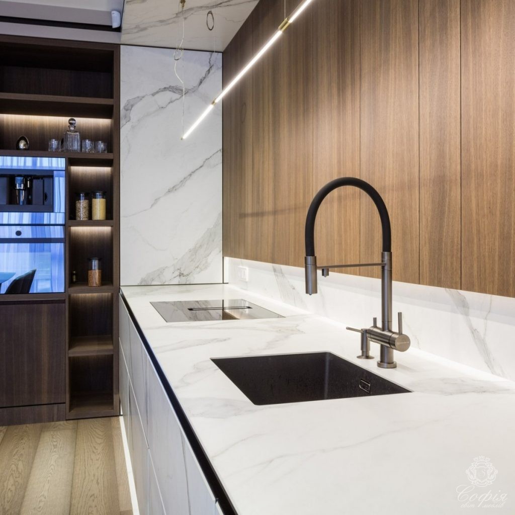 Кухня #6 без ручок з підсвіткою у мраморних тонах Кухня #6 без ручок з підсвіткою у мраморних тонах - Світ меблів СОФІЯ