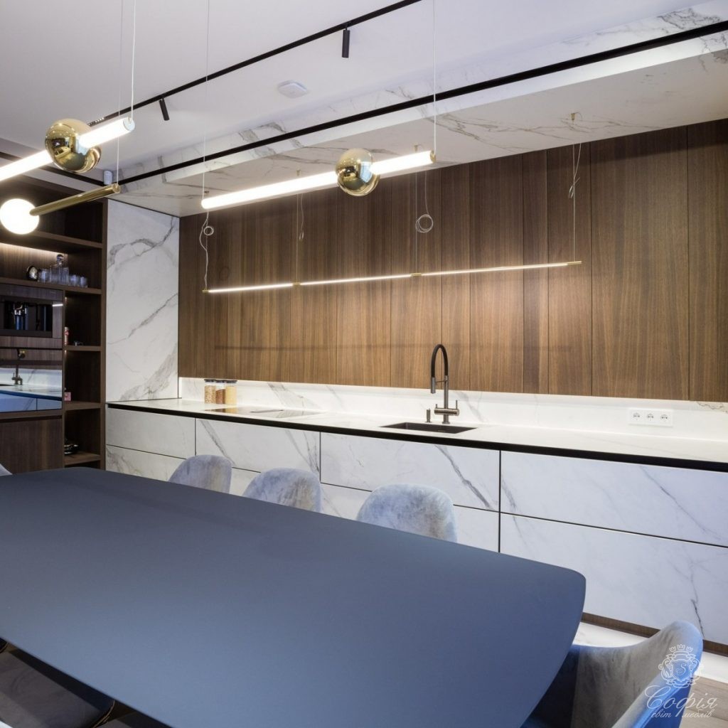 Кухня #6 без ручок з підсвіткою у мраморних тонах Кухня #6 без ручок з підсвіткою у мраморних тонах - Світ меблів СОФІЯ