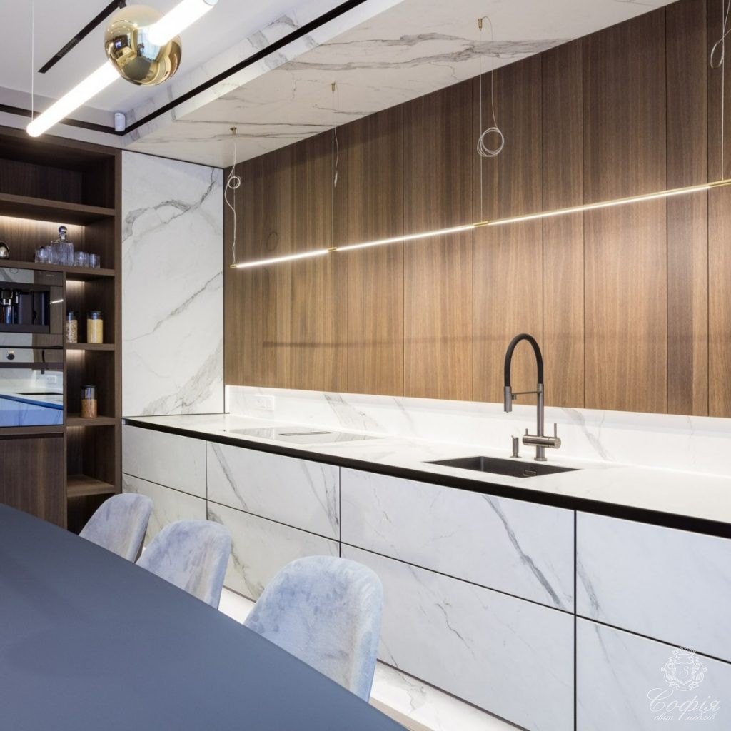 Кухня #6 без ручок з підсвіткою у мраморних тонах Кухня #6 без ручок з підсвіткою у мраморних тонах - Світ меблів СОФІЯ