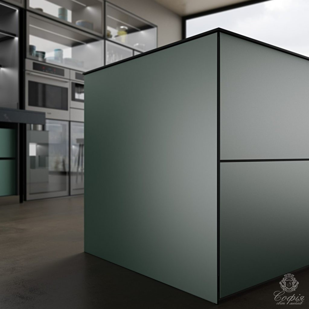 Кухня #7 без ручок з підсвіткою у зелених тонах Кухня #7 без ручок з підсвіткою у зелених тонах - Світ меблів СОФІЯ