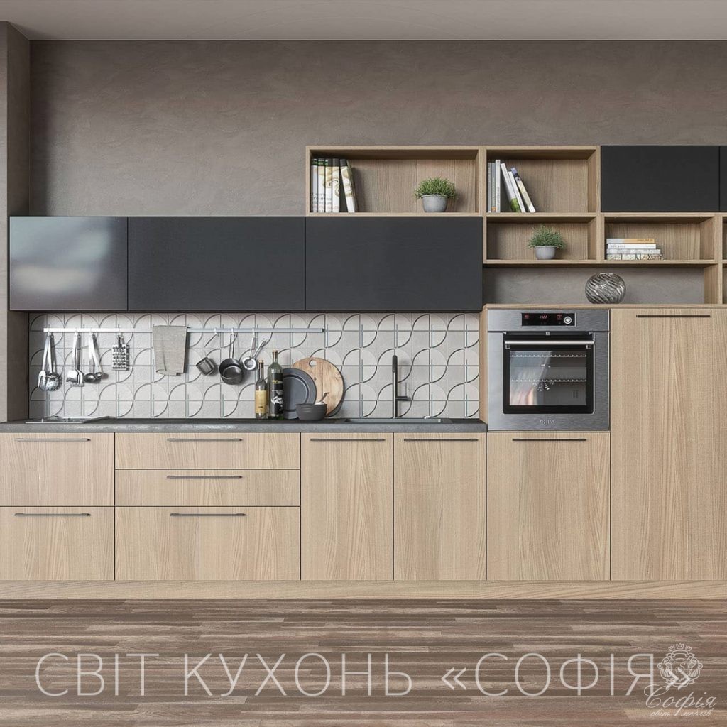 Кухня #16 у комплексі з темних тумбочок та з елементами дерева Фото Кухня #16 у комплексі з темних тумбочок та з елементами дерева - Світ меблів СОФІЯ