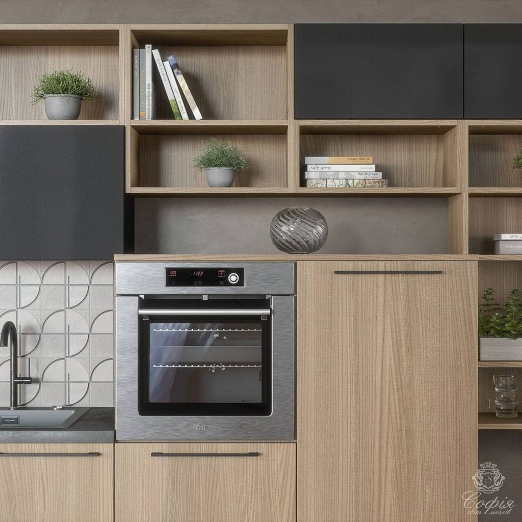 Кухня #16 у комплексі з темних тумбочок та з елементами дерева Кухня #16 у комплексі з темних тумбочок та з елементами дерева - Світ меблів СОФІЯ