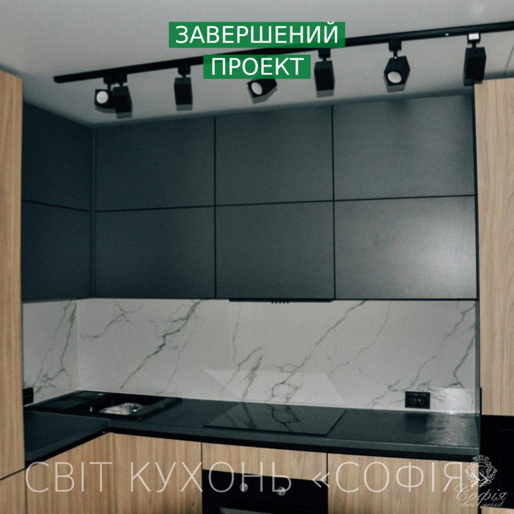 Сучасна кухня #21 у темних тонах з елементами дерева - Світ меблів СОФІЯ